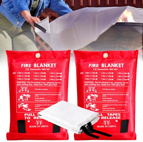 2 pièces couverture anti-incendie, 1 m x 1 m, couverture anti-incendie, pour cuisine, couverture anti-incendie, DIN EN 1869:2019, couverture en fibre de verre, anti-feu pour brûler les graisses