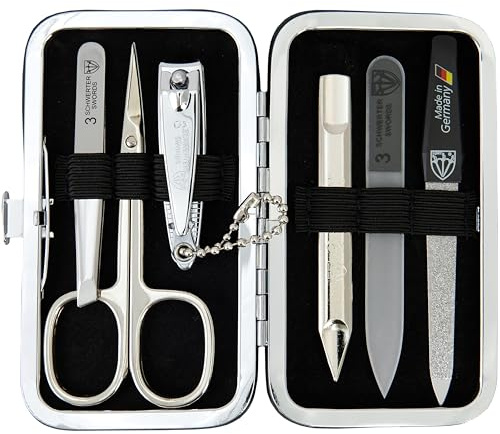3 Swords Germany - brand quality 6 piece manicure pedicure grooming kit set - scissors, metal and glass nail file, clipper, tweezers with synthetic leather case - black