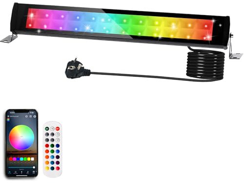 Foco LED RGB Exterior 50W, Indmird Barra de Luz Led Rgb IP66 Impermeable Focos de Colors Exteriors con 2.4G Mando Distancia y Bluetooth APP Foco Led RGB Interior Para Fiesta Jardín Navidad Hallowee