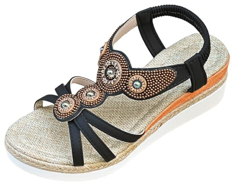 Xbemkste damsandaletter, platå, espadriller, med kilklack, bohemiska sandaler med strass, pärlor, damer, kilsandaler, bekväma sommarsandaler, ankel elastiska strandsandaler