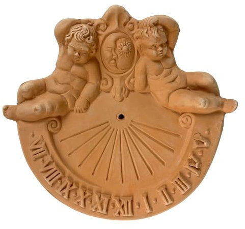 Meridiana con Angeli in Terracotta 25x25 cm – Orologio Solare da Parete Artigianale – Decorazione Classica per Interni ed Esterni – Fatta a Mano in Italia