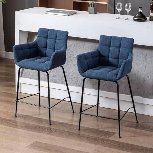 DAYALANE Juego de 2 taburetes de Bar, Silla de Bar Moderna con Patas de Metal, Taburete de Bar con Respaldo Curvado para Barra de Cocina, bistró, cafetería, Comedor, Azul