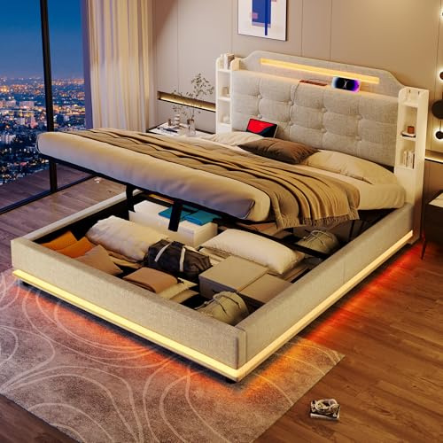 LAKFEW Camas Matrimoniales Cama 140x200 cm con LED y USB, Camas Juveniles con Almacenamiento hidráulico y Compartimentos de Almacenamiento, Cama Matrimonio con Estructura Metálica, Beige, Sin Colchon