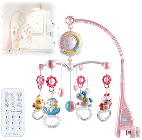 Pmueuff Baby Mobile, Baby Hängende Spielzeug mit Musik, Nachtlicht und Projektor, Mobile Baby Spieluhr mit 150 Melodien für Baby Bett, Babybett Spielzeug Geschenk für Neugeborene Baby ab 0-24 Monate