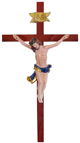 Kaltner Präsente Idea regalo – Crocifisso da parete in vero legno di faggio, croce in mogano con Gesù Cristo in pietra artificiale dipinta a mano (altezza 35 cm)
