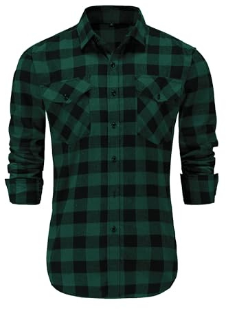 Dioufond Men Flannel Shirt Long Sleeve Lumberjack Costume Mens Checked Shirts Black Green Flannel Medium