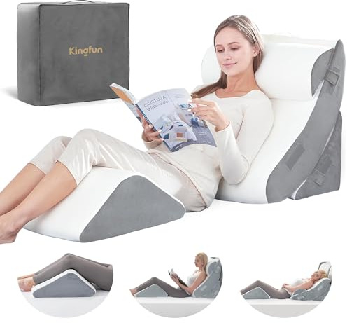 Kingfun Juego de 4 almohadas ortopédicas de cuña para cama postoperatoria, espuma viscoelástica para dormir, soporte ajustable para piernas, espalda y brazos, almohada para sentarse y descansar con