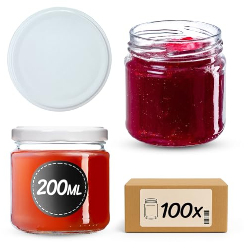 KADAX Set de 100 tarros de 200 ml con tapa de rosca Ø 66 mm, tarros de postre de paredes gruesas, herméticos, aptos para lavavajillas, ideales para mermeladas y conservas