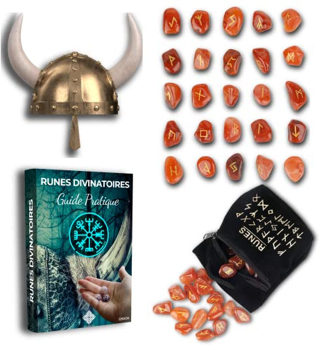 VIKINGS Divinatory Runes - förpackning med 25 graverade naturliga stenrunor i karneol 💎 (2 cm x 1 cm) + svart väska + praktisk e-bok (PDF) - Futhark Runic Alphabet perfekt för spådom, Voyance