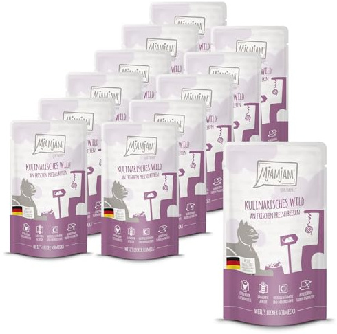 MjAMjAM - Comida húmeda premium para gatos - Quetschie - juego culinario con arándanos frescos, pack de 12 (12x125g), sin cereales