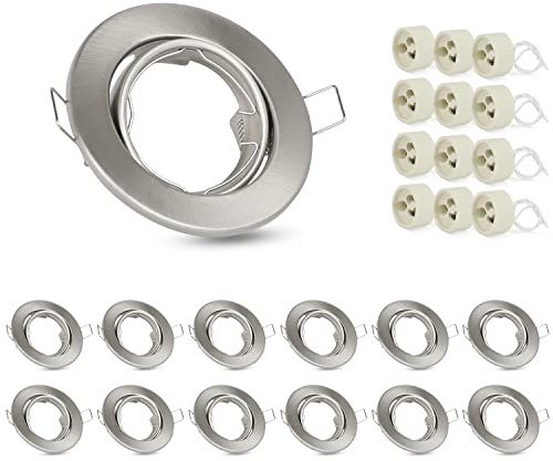 ZMH 12ER Einbaustrahler GU10 Set Einbaurahmen - GU10 Fassungen 230V Lochdurchmesser 50mm mit Sockel in Edelstahl Einbauleuchte Rahmen Einbauspots Schwenkbar 30° Spot für LED Leuchtmittel Halogen