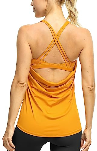 icyzone Camiseta sin mangas de entrenamiento con brasier integrado, camisetas de yoga atléticas con tiras para mujer, para ejercicio, correr, gimnasio, Amarillo Dorado, S