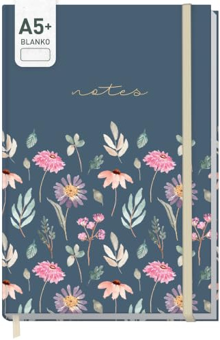 Häfft paper&you® Anteckningsbok A5+ blank journal Flygande blommor | Anteckningsbok med 156 blanda sidor och gummiband, 100g/m² papper — för dagbok, anteckningar och kreativa listor
