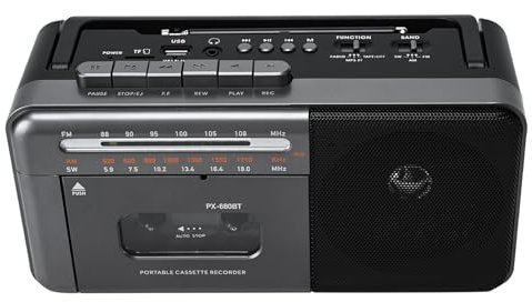 Lychee Grabadora de cinta portátil, grabadora de casete vintage con radio AM/FM/SW, altavoz integrado, conector de auriculares AC/DC/3.5 mm, compatible con tarjeta TF/entrada USB (gris)