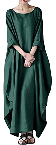 Abito da donna in cotone a maniche lunghe, maxi abito in lino con tasche, scollo a V, con pieghe, a strati, stile boho, casual, retrò, caftano, largo, oversize, comodo
