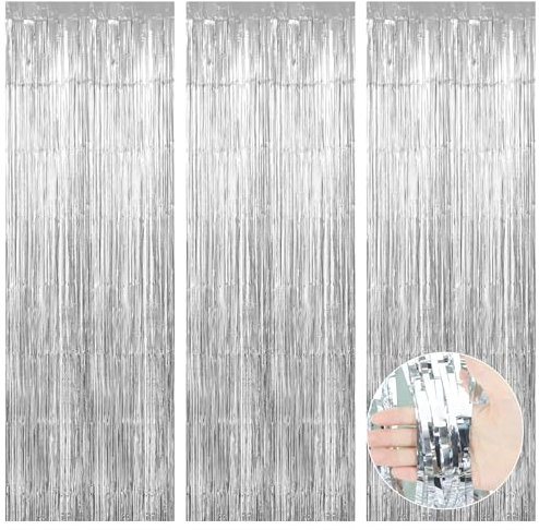 Rideau Anniversaire,Decoration Anniversaire,3pcs Rideau Metallique Argenté Frange 1x3m,Toile De Fond,Guirlande Rideau,Rideau Paillette,Birthday Decoration,Decoration Nouvel An 2025,Deco Fete
