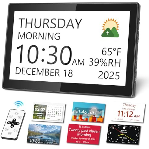 Mesqool 10.1 Dementia Clock for Seniors with Time and Date Display, Medication Reminders, Large Digital Calendar, Auto Dimming, Remote Control, Indoor Temperature & Humidity, Wall Mountable