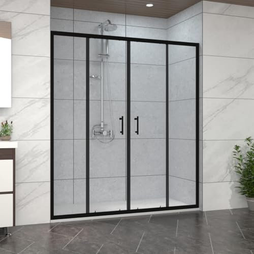 NRG 1700mm Bathroom Shower Enclosures Double Sliding Shower Door Matte Black Framed with 1700x700mm SMC Rectangle White Shower Tray