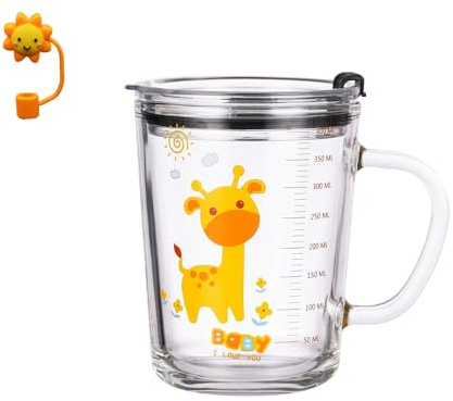 Banzimiao Tazza di Latte con Bilancia, Tazza da latte con cannuccia, Bicchiere con Cannuccia e Coperchio per caffè, succhi di frutta, tè freddo, Giraffa, 350 ml (D)