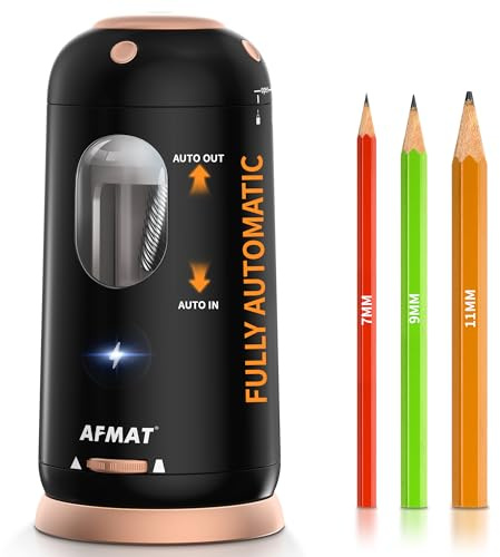 AFMAT Electric Pencil Sharpener, Ringdots Rechargeable Automatic Pencil Sharpeners for Large Pencil 7-11.5mm, Auto in/Out, Desktop Pencil Sharpener with Container for School/Home/Office, Black, PSC8