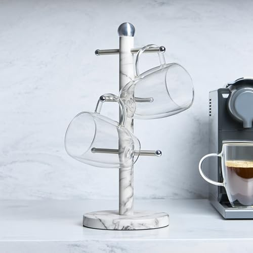 OHS Mug Tree 6 Mugs, Metal Cup Holder for Kitchen Countertop Mug Stand with Anti-Slip Thickened Base Space Saving Coffee Cup Holder Storage Rack with 6 Hooks, Marble