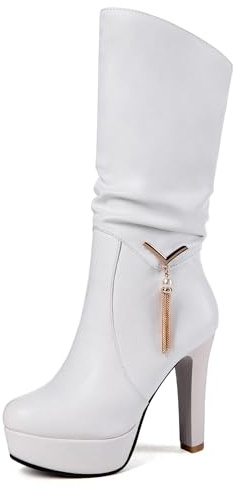 LarDorLin Tacco Alto Plateau Stivali Donna a Collo Alto Harness Moda Punta Rotonda Bridal Eleganti Slouchy Polacchine Bowknot Bianco Numero 35 EU