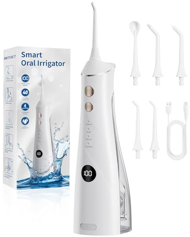 Hsweeth Water Flosser for Teeth Cordless, 5 Jet Tips and 4 Modes | Oral Irrigator Dental Care and Interdental Cleaning, Large Tank, IPX7 Waterproof, Oral Care, for Home and Travel White