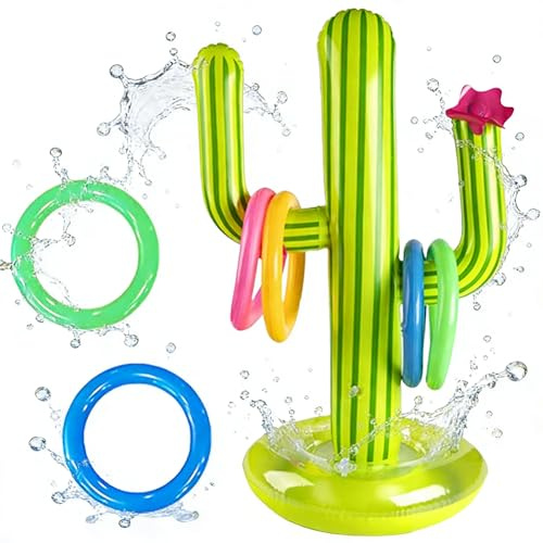 Juego Inflable de Lanzamiento,Juego de Anillos de Cactus Inflables,1 Cactus Inflable,6 Juguetes de Lanzamiento de Anillos,Decoraciones para Piscina para Fiesta en la Playa