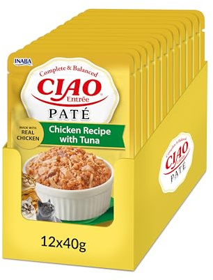 INABA Ciao Entrée Paté, Comida Húmeda para Gatos, Comida Completa y Equilibrada con Pollo y Atún, Paté Suave y Bajo en Calorías Elaborado con Ingredientes Naturales, para Gatos Adultos, 12 x 40 g