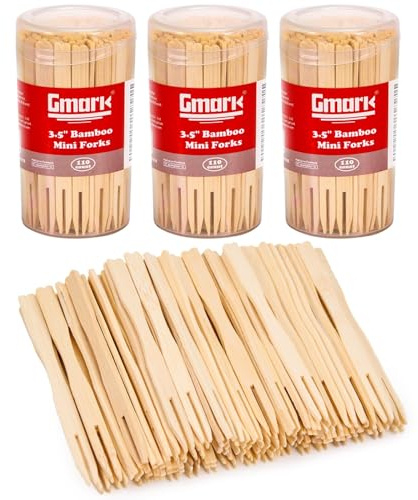 Gmark Premium Thick & Sturdy Natural Bamboo Double Prongs Mini Forks 3.5 Inch 330pc, Fruit Picks/Cocktail Forks/Party Forks/Buffet Forks/Cocktail Picks for Appetizer, Cocktail, Pastry GM1031C