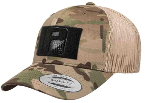 Pull Patch Multicam Camo Curved Bill Snapback Trucker Hat | Camo & Khaki Tactical Cap | 2x3 in Loop Surface for Patches