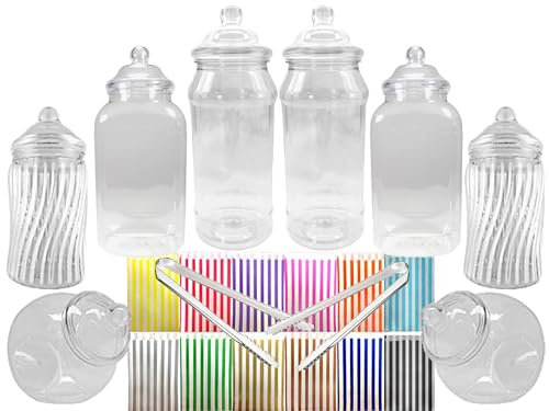 Truly Sweet Candy 8 Empty Plastic Sweet Jars, 2 Tongs and 50 Bags, 11 Colours to Choose from - Simply add Sweets to Create Your Sweet Table (Yellow)