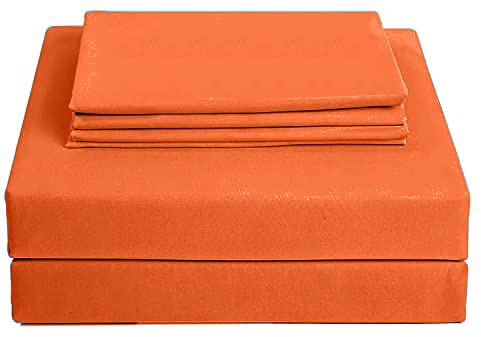 Amour Calin 4 Piece Bed Sheet Set - Easy Care Soft Brushed Microfibre Fabric - Flat Sheet, Fitted Sheet with Pair of Pillowcases - Shrinkage and Fade Resistant (Orange, Double)
