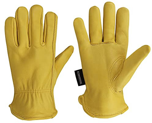 OLSON DEEPAK Gartenhandschuhe Leder für Damen/Herren,Weiche und flexible Gelbe Arbeitshandschuhe，Schaffell Handschuhe für Bau, Mechanik und Garten