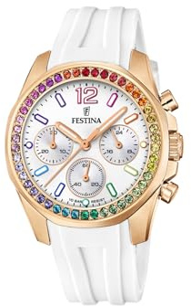 Festina Damen Uhr Analog Kautschuk Weiß - Quarz Chronograph - Mineralglas hochresistent - 10 ATM wasserdicht F20611/2 - Boyfriend Collection