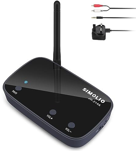 SIMOLIO Long Range Bluetooth Receiver, Bluetooth Adapter for HiFi for Music Streaming Sound System/Home Stereo/Wired Speakers, BT 5.0 Receivers w/Volume Control & an Antenna, RCA & AUX Audio