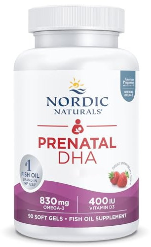 Nordic Naturals, Prenatal DHA, 830 mg di Omega-3 con EPA e DHA, Altamente Dosato, Gusto Fragola, 90 Capsule molli, Testato in Laboratorio, Senza Soia, Senza Glutine, Non OGM