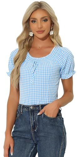 Allegra K Gingham Plaid Blouse for Women Peasant Round Neck Ruffles Puff Sleeve Top Blue M