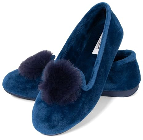 JOMIX Scarpe Ballerine Donna Invernali Ciabatte Ragazze in Velluto Rasato Pantofole Chiuse Eleganti Leggere Pelose Morbide Calde da Casa con Pompom ES2027-8 (Navy, 40)