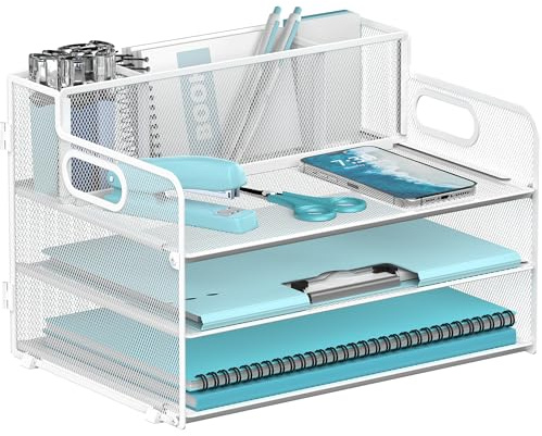 JMHUD 3 Tier Paper Letter Tray Organizer with Pen Holder for Desk, Black Metal Mesh Desk File Folder Sorter Organizer with Handle and Sliding Tray for Home, Office, School Supplies Organization(White)