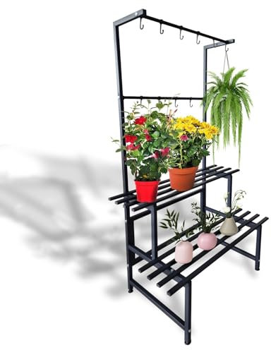 MAKA Porta Piante da Interno ed Esterno, Piedistallo per Piante, Fioriera da Esterno in Metallo, Porta Vasi e Fiori da Balcone, Portata MAX 30 Kg, Piedini Regolabili (2 ripiani 80cm + ganci)