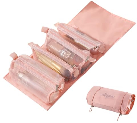 KASESSS Kosmetiktasche, Abnehmbar Kulturtasche Damen, Kulturbeutel Damen, Schminktasche, Aufhängbar Kosmetiktasche Damen, Make Up Bag mit 4 Fächern, Faltbare Kosmetiktasche Reise für Damen Mädchen