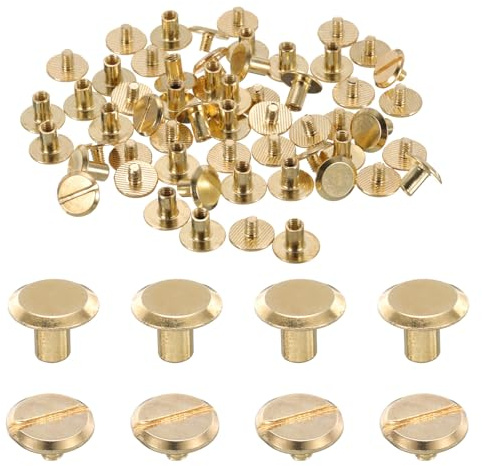sourcing map 30set M4 x 6mm Chicago Screw Metal Slotted Head Binding Screws Post Nail Rivet Stud Screw Rivets for DIY Leather Belt Bag Craft Bookbinding, Gold Tone
