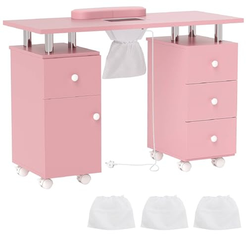 COSTWAY Mobile Manicure Table, Professional Nail Station Beauty Technician Desk with Electric Dust Collector, Wrist Rest, 4 Drawers, Cabinet and Wheels, Art Spa Salon Workstation Nail Table (Pink)