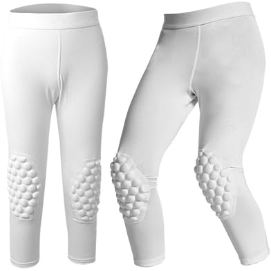 RenDiuJups Pantalones de compresión 3/4 for niños con Rodilleras y Protectores de talón, Mallas de Baloncesto, fútbol y fútbol.(White,YXL)
