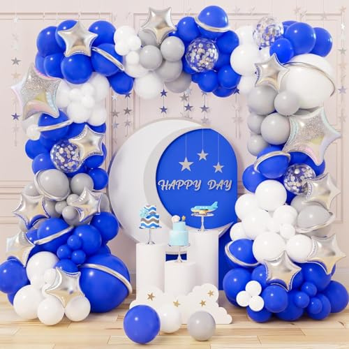 Blue and White Balloon Garland Arch Kit with Royal Blue,White & Star Foil Balloons- Boys Graduation,Baby Shower, Space Themed Birthday Party Decorations for kids