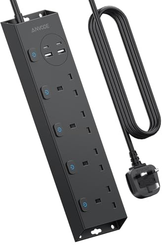 4 Way Extension Lead with USB (2 USB C), ANVODE Plug Extension Socket with Individual Switches, Multi Plug Power Strip for Home Office Dorm, 2M Extension Cable, Black