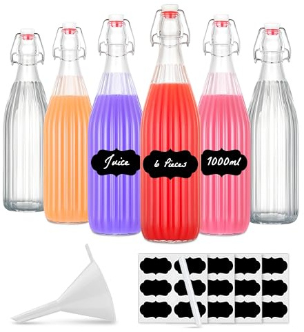 Amajoy 6 x 1.000 ml Bügelflasche Bügelverschluss-Flasche leere Glasflasche mit Bügel zum selbst abfüllen Schnaps,Likör, Saftflasche 1 Liter