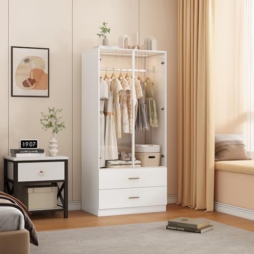 RXMORI LE/D, armadio bianco con ante in vetro, armadio con asta per vestiti e 2 cassetti, per camera da letto o cameretta dei bambini, 50 x 80 x 175 cm