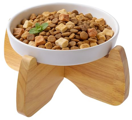 GUWINA Raised Ceramic Cat Bowl 6.3 Wide Shallow Flat Bottom (1 Pack) | Neck Protective, Anti Whisker Fatigue, Anti Vomit, Dishwasher Safe, For Dry and Wet Food, For Kittens & Seniors